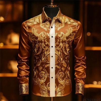 Men's Baroque Gold Pattern Slim Fit Dress Shirt - Sizes XS-6XL