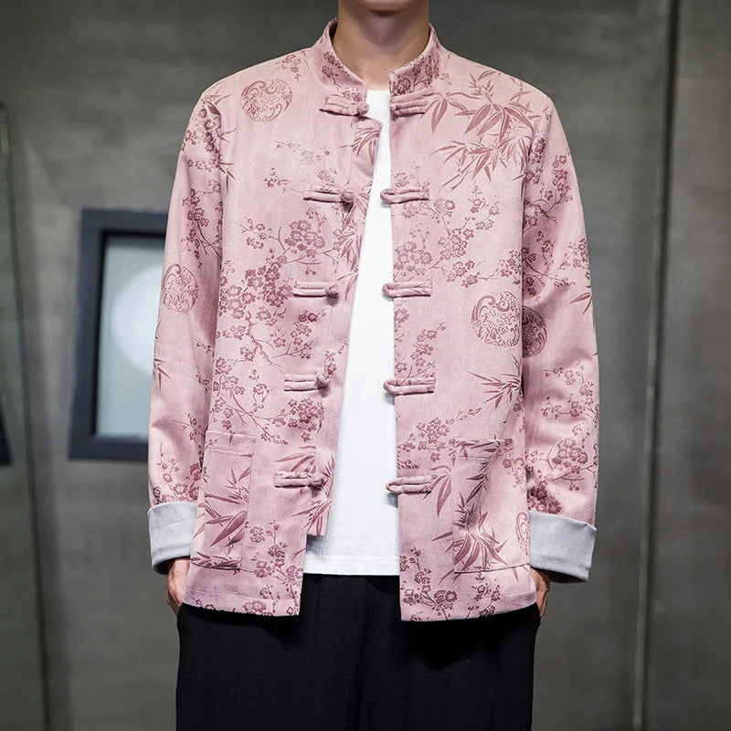 Men Deerskin Velvet Chinese Style Retro Disc Buckle Hanfu Jacket