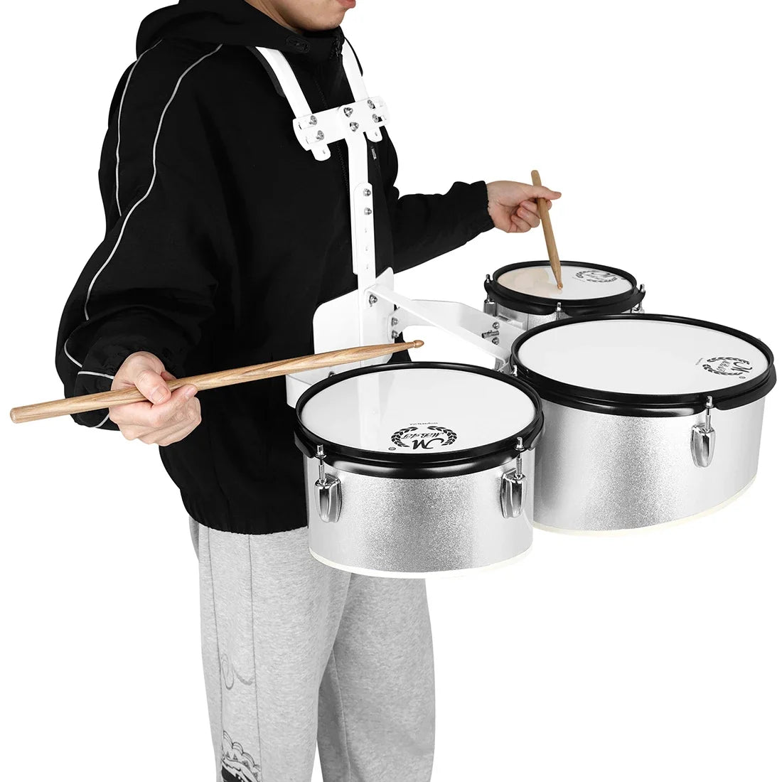 M MBAT Silvery Marching Triple Drum Band | Polyphonic Drum Back-rack - Marching Drum