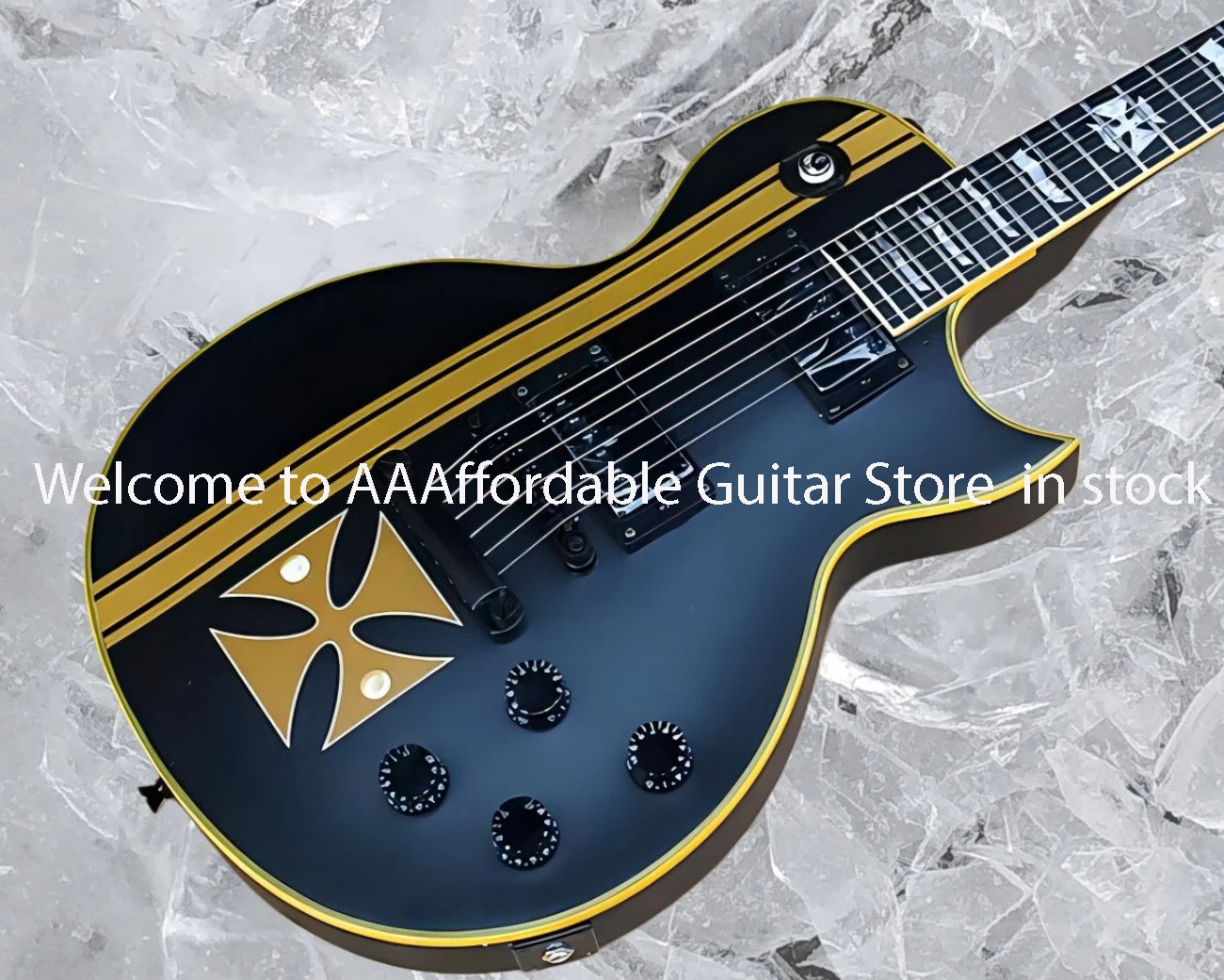 Elegant IRON CROSS SW Old Electric Guitar Yellow Striped Cross,Black Body and Black Hardwares,Special Frets Inlay,#02589