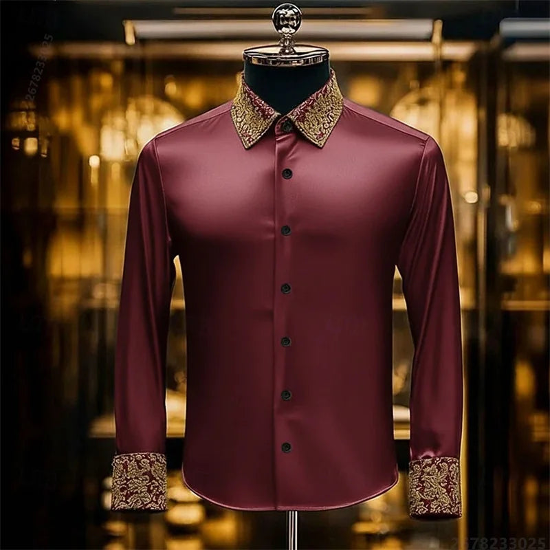 Men's Baroque Gold Pattern Slim Fit Dress Shirt - Sizes XS-6XL