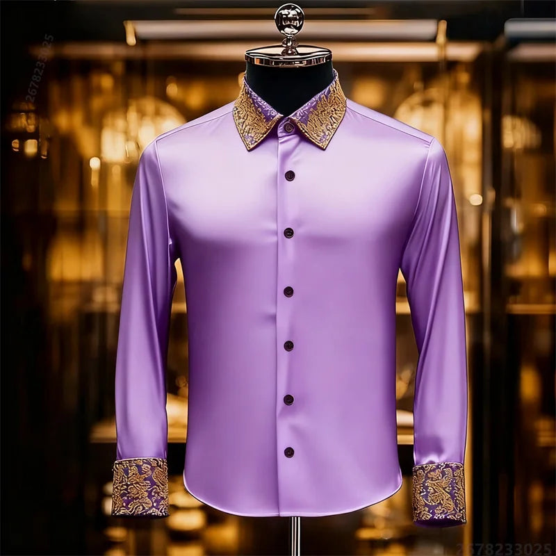 Men's Baroque Gold Pattern Slim Fit Dress Shirt - Sizes XS-6XL