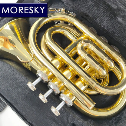MORESKY Mini Pocket Trumpet Bb Flat Brass Wind Instrument with Mouthpiece Gloves Cleaning Cloth Carrying Case MPT-101