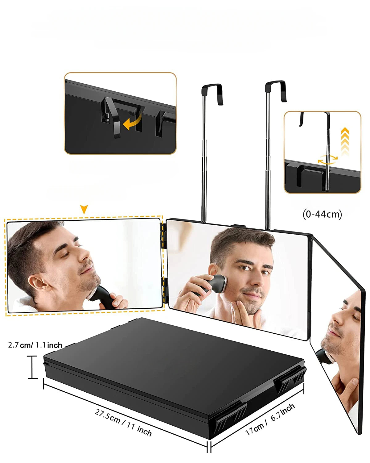 Portable 360 Trifold Vanity Mirror with Adjustable Height Hook