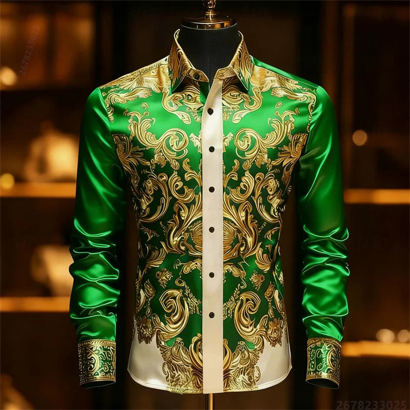 Men's Baroque Gold Pattern Slim Fit Dress Shirt - Sizes XS-6XL