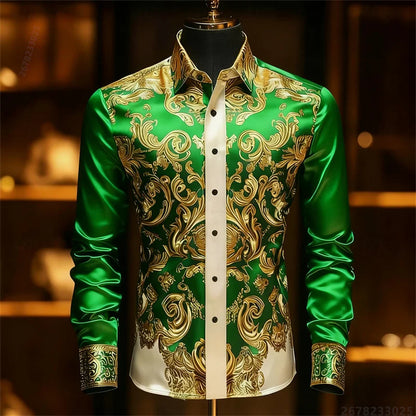 Men's Baroque Gold Pattern Slim Fit Dress Shirt - Sizes XS-6XL