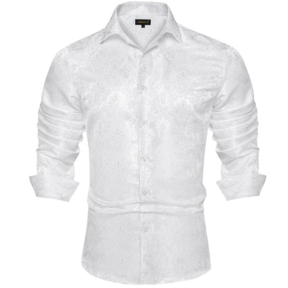 Men's Shirts Long Sleeve Silk Polyester Dress Shirts Luxury Tuxedo Turn Down Collar Social Paisley Shirt Men Clothing
