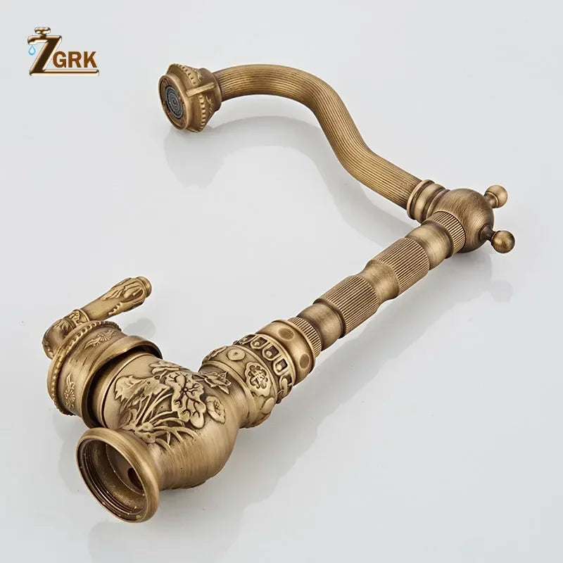 ZGRK Bathroom Basin Faucets Antique Brass Single Handle Hot Cold Mixer Taps Luxury Antique Deck Mounted Sink Mixer Tap