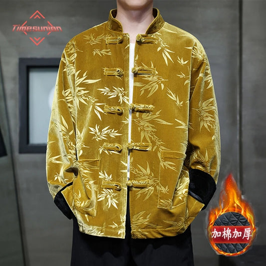Men's  Velvet Ancient Chinese Style Retro Jackets - Style Bamboo Leaf (Thickened Cotton-padded Coat)