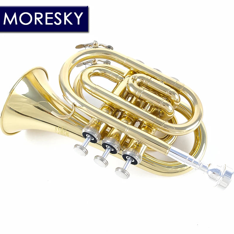 MORESKY Mini Pocket Trumpet Bb Flat Brass Wind Instrument with Mouthpiece Gloves Cleaning Cloth Carrying Case MPT-101