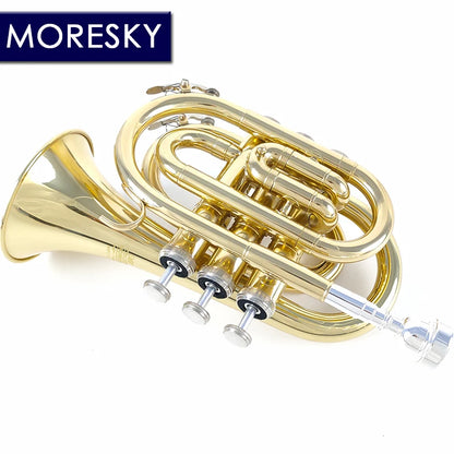 MORESKY Mini Pocket Trumpet Bb Flat Brass Wind Instrument with Mouthpiece Gloves Cleaning Cloth Carrying Case MPT-101