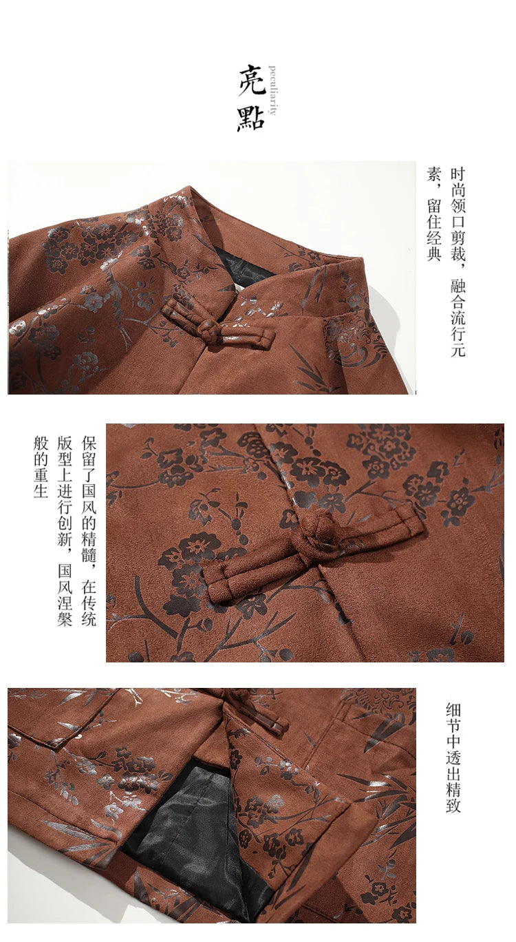 Men Deerskin Velvet Chinese Style Retro Disc Buckle Hanfu Jacket