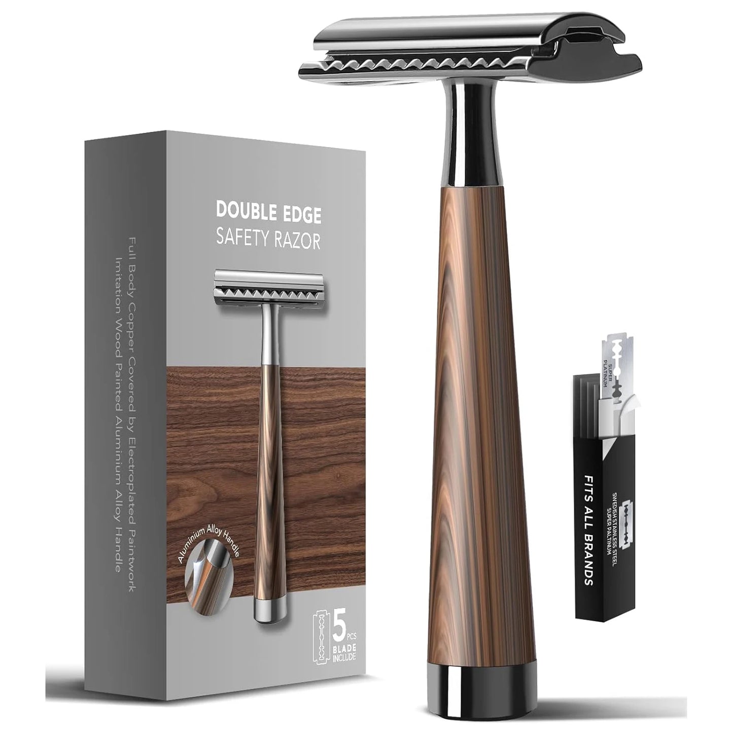 Heavy Duty Eco-Friendly Double Edge Safety Razor with 5 Swiss Stainless Steel Blades