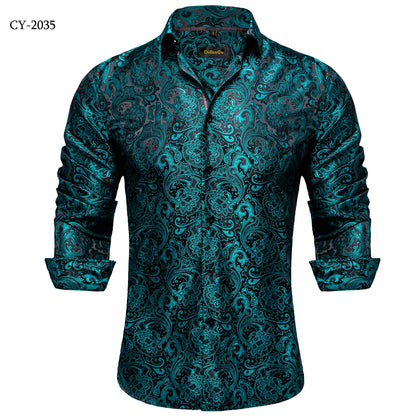Men's Shirts Long Sleeve Silk Polyester Dress Shirts Luxury Tuxedo Turn Down Collar Social Paisley Shirt Men Clothing