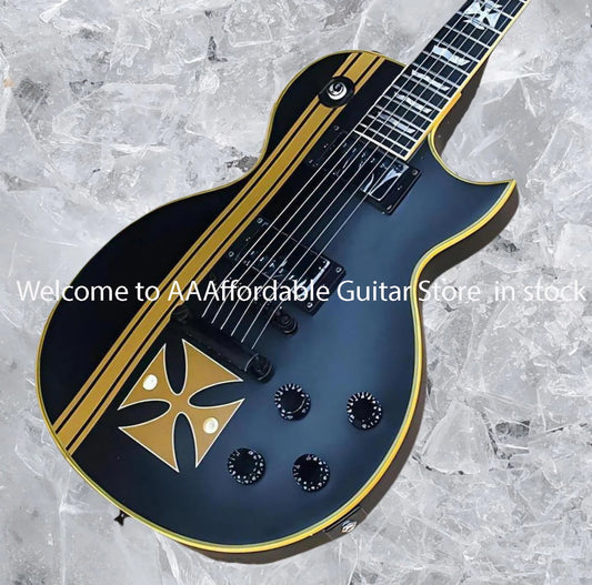 Elegant IRON CROSS SW Old Electric Guitar Yellow Striped Cross,Black Body and Black Hardwares,Special Frets Inlay,#02589