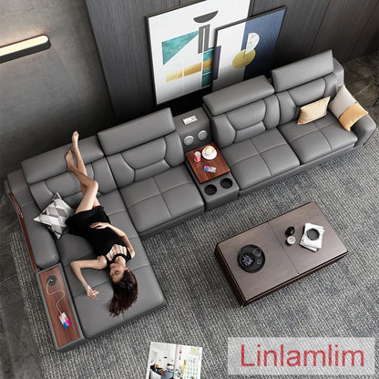 Italian Genuine Leather Sofa - Bluetooth Speaker, Adjustable Headrests and USB Charging