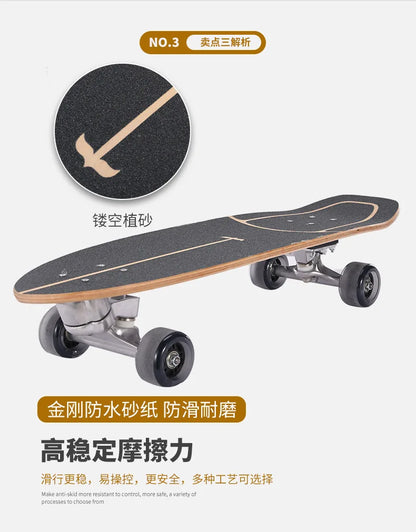 Maple Surfskate Longboard, Single Kick Carving Cruiser for Pumping & Street Riding