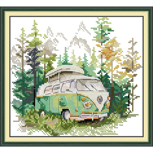 Joy Sunday Pre-printed Cross Stitch Kit  Easy Pattern Aida  Stamped Fabric Embroidery Set-Go on Road Trip in The Forest