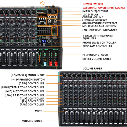 Professional DJ Audio Mixer - 16 Channel Digital 99 Reverb Effect | Sound Board Desk System Interface