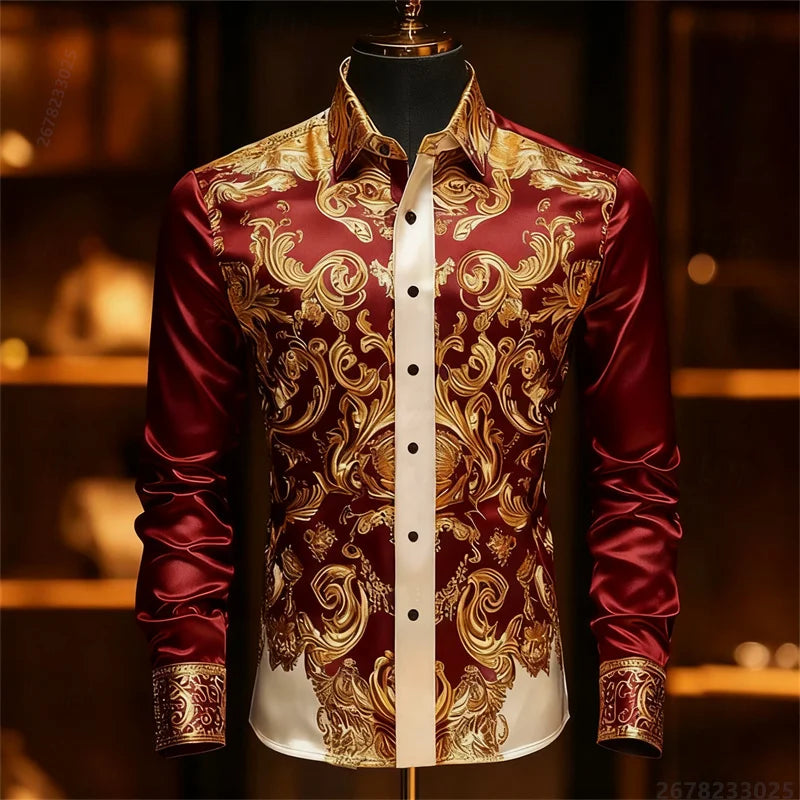 Men's Baroque Gold Pattern Slim Fit Dress Shirt - Sizes XS-6XL