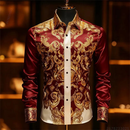 Men's Baroque Gold Pattern Slim Fit Dress Shirt - Sizes XS-6XL