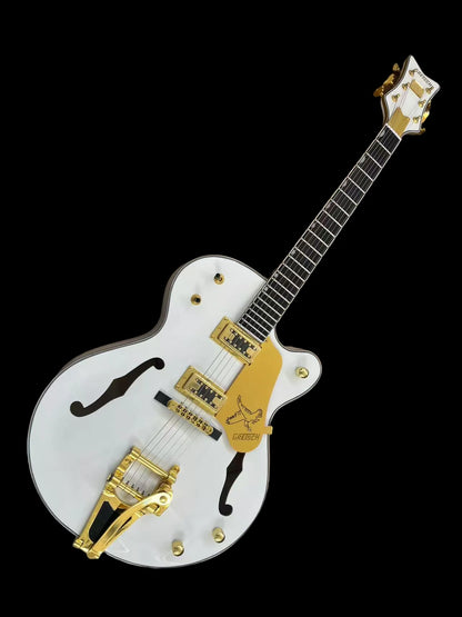 High quality white Fal-con Semi-Hollow Body Jazz Electric Guitar, Large ratio vibrato Bridge, Gold hardware - #3456