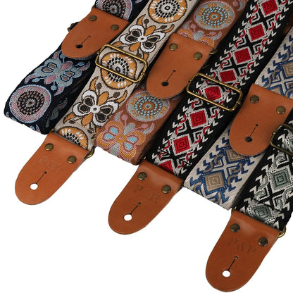 P&P Adjustable Embroidered Guitar Strap with Leather End