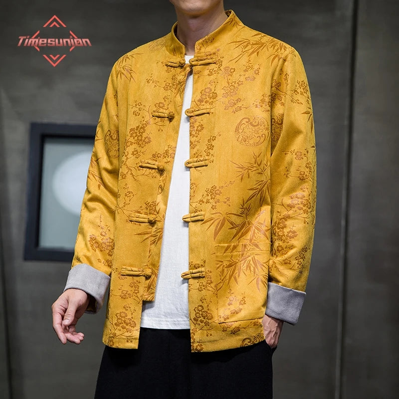 Men Deerskin Velvet Chinese Style Retro Disc Buckle Hanfu Jacket