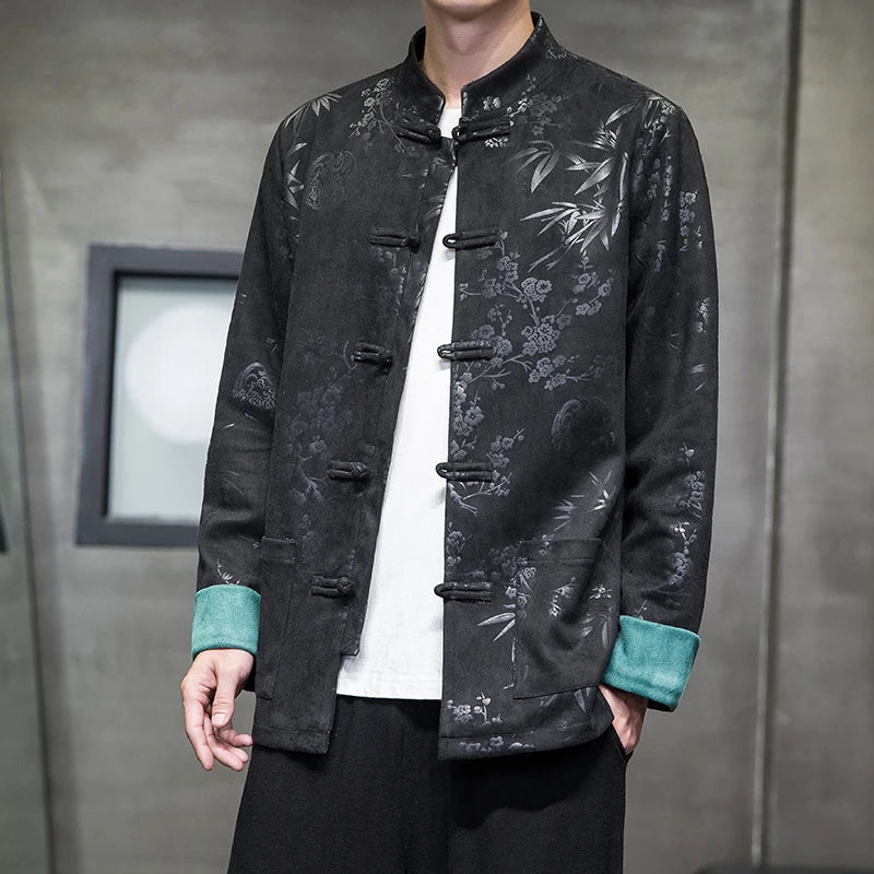 Men Deerskin Velvet Chinese Style Retro Disc Buckle Hanfu Jacket