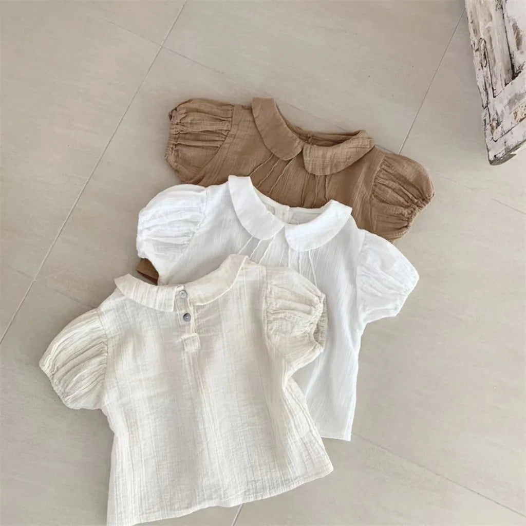 Baby Girl Solid Puff Sleeve Shirts Cotton Short Sleeve T Shirts