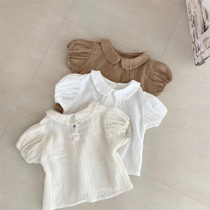 Baby Girl Solid Puff Sleeve Shirts Cotton Short Sleeve T Shirts