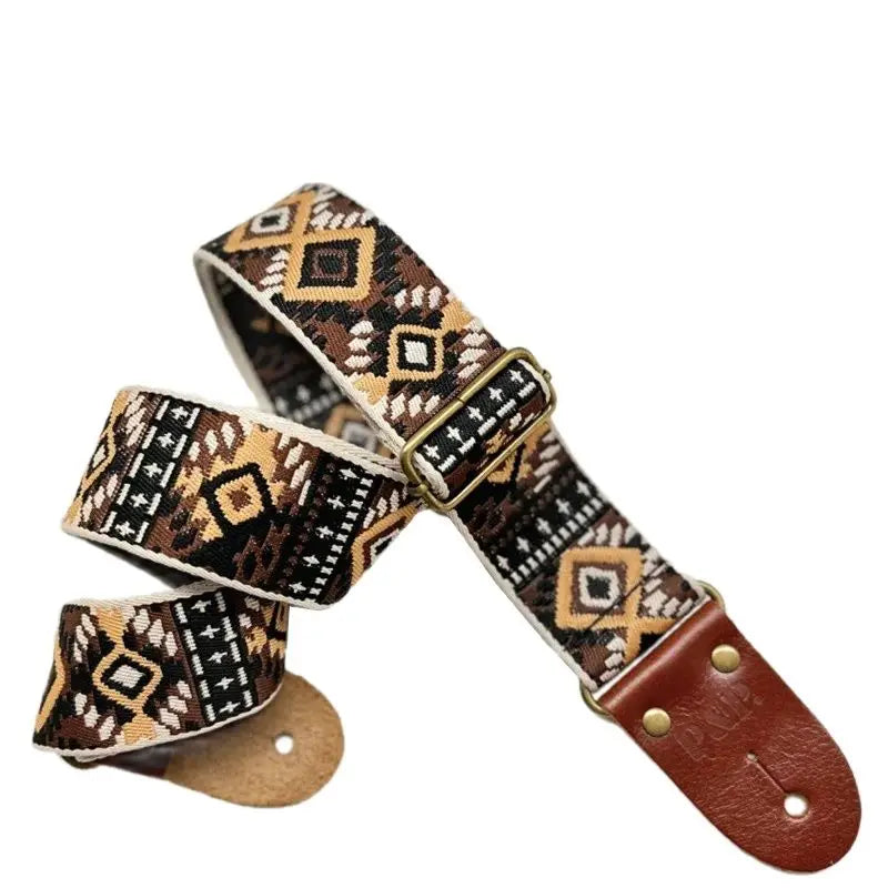 P&P Adjustable Embroidered Belt with Leather End Guitar Strap