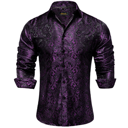 Men's Shirts Long Sleeve Silk Polyester Dress Shirts Luxury Tuxedo Turn Down Collar Social Paisley Shirt Men Clothing
