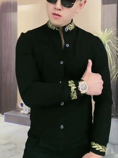 Casual Ethnic Style Men's Fashionable Slim Fit Long Sleeved Sweatshirt Black Trendy Versatile Small Stand Up Collar Shirt