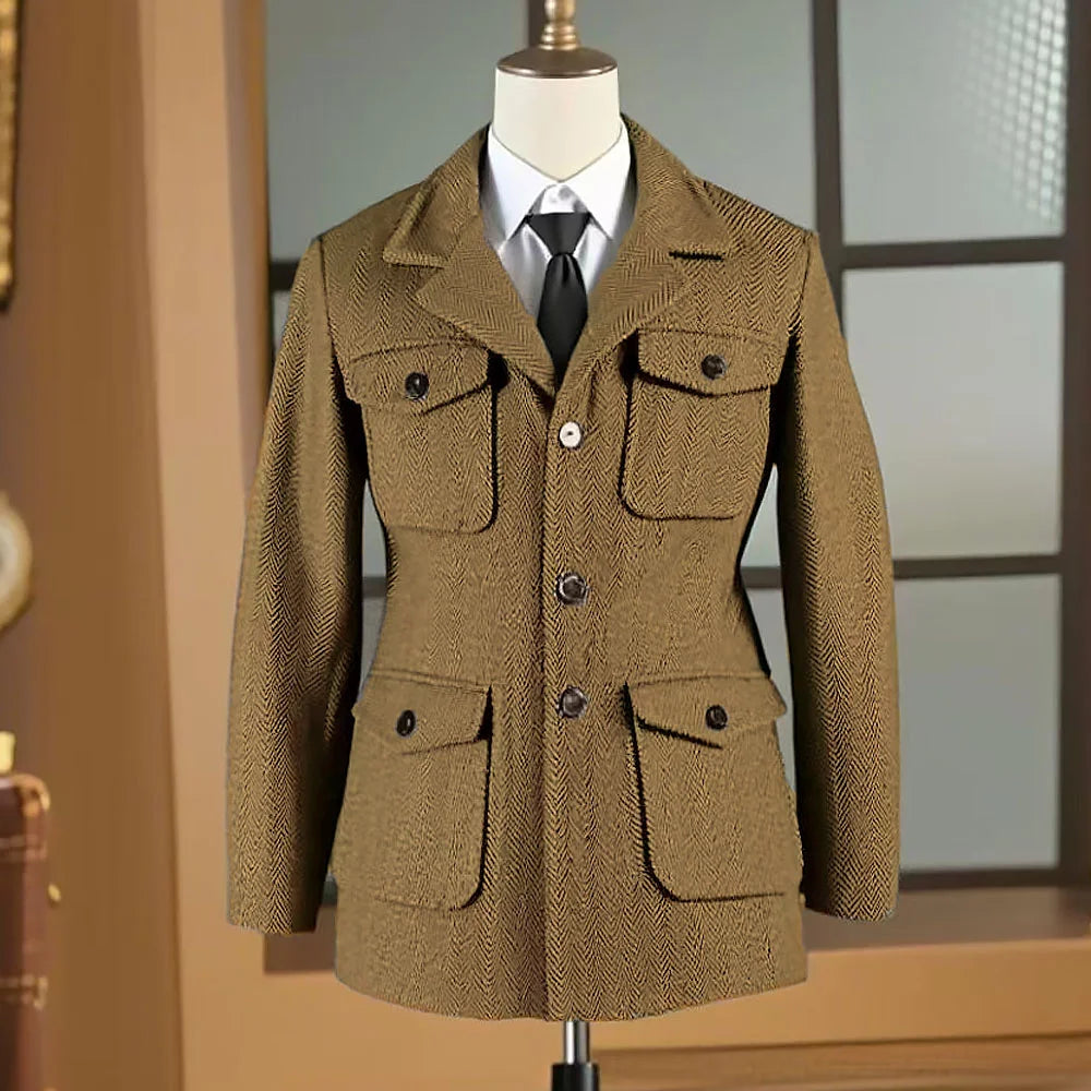 Hunting jacket British Men's Retro Multi-pocket Sport Coat With Belt Herringbone Business Causal Lapel Suit Blazers Tuxedos