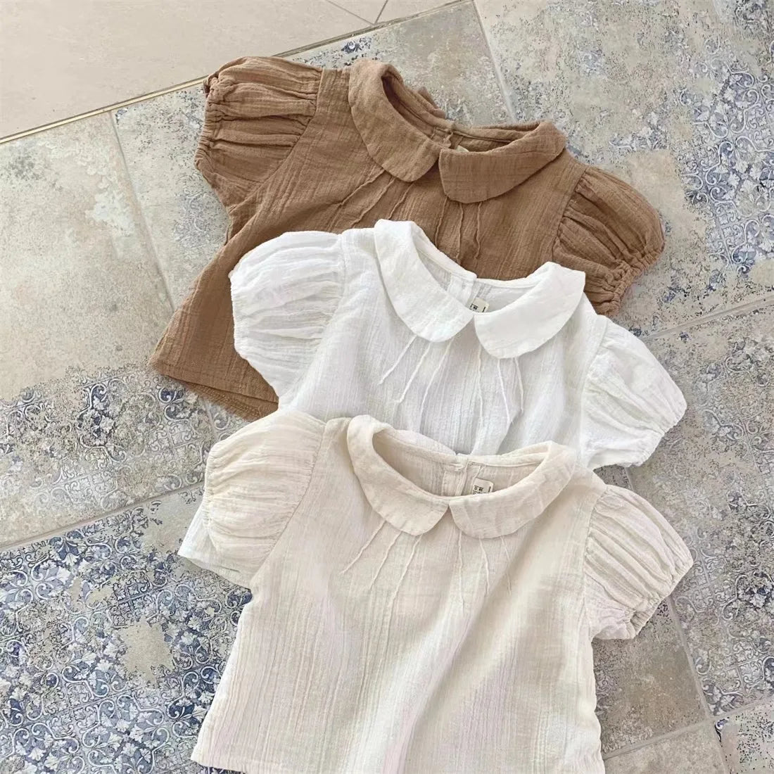 Baby Girl Solid Puff Sleeve Shirts Cotton Short Sleeve T Shirts