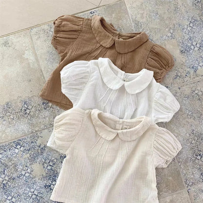 Baby Girl Solid Puff Sleeve Shirts Cotton Short Sleeve T Shirts