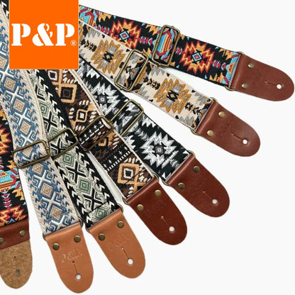 P&P Adjustable Embroidered Belt with Leather End Guitar Strap