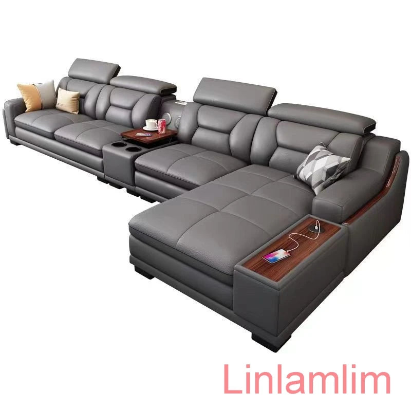 Italian Genuine Leather Sofa - Bluetooth Speaker, Adjustable Headrests and USB Charging