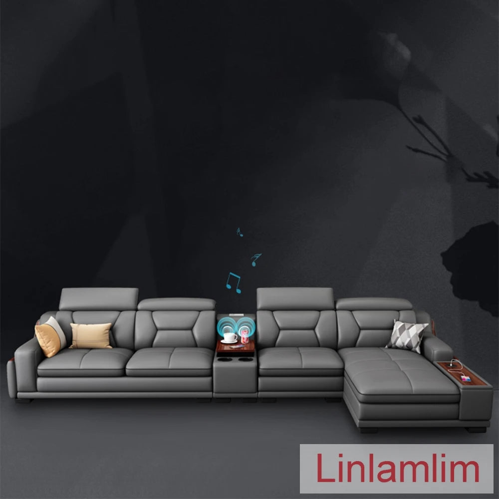 Italian Genuine Leather Sofa - Bluetooth Speaker, Adjustable Headrests and USB Charging