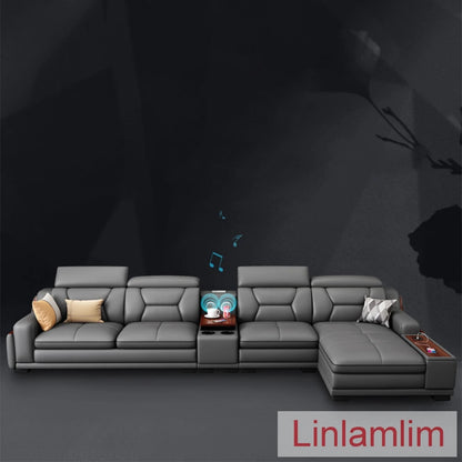 Italian Genuine Leather Sofa - Bluetooth Speaker, Adjustable Headrests and USB Charging