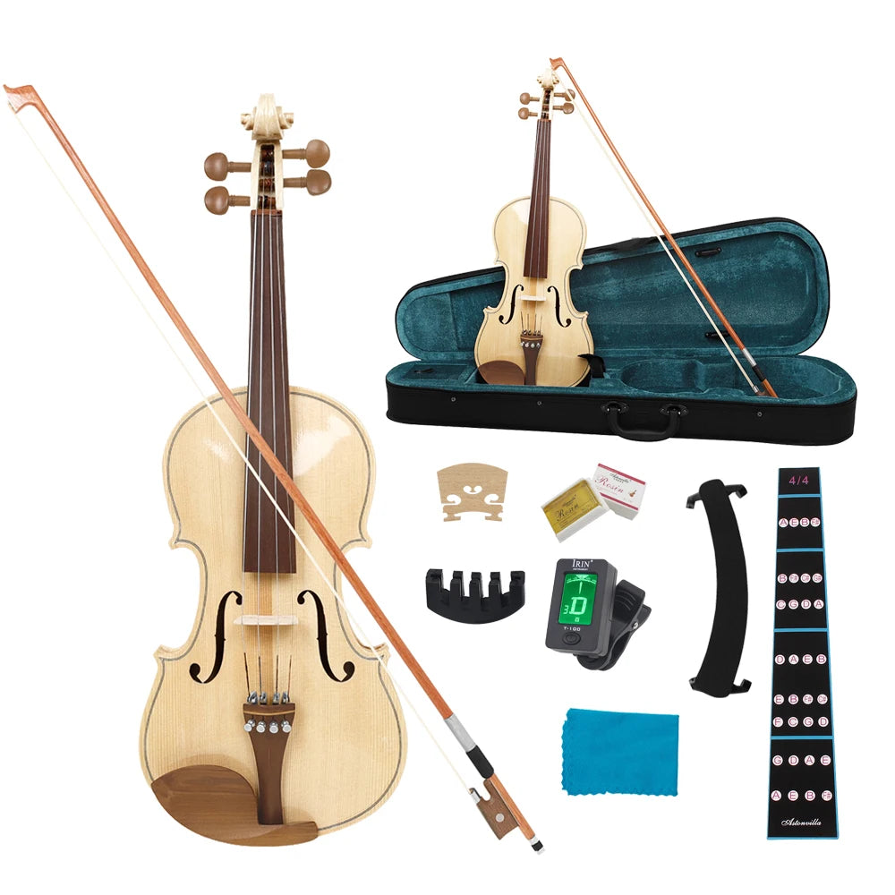 Professional Violin 4/4 Beginner Violin Maple Tiger Stripe Violins Set with Case Bow Violin Shoulder Rest Tuner Mute Rosin Parts