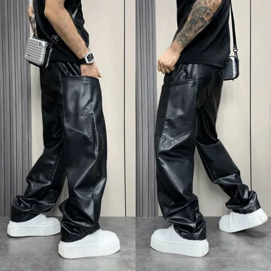 Mens Multi-Pocket Pu Pants Streetwear Casual Pants
