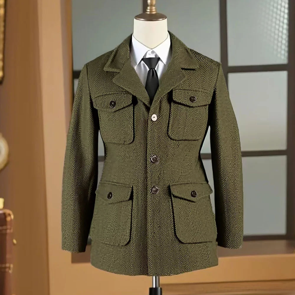 Hunting jacket British Men's Retro Multi-pocket Sport Coat With Belt Herringbone Business Causal Lapel Suit Blazers Tuxedos