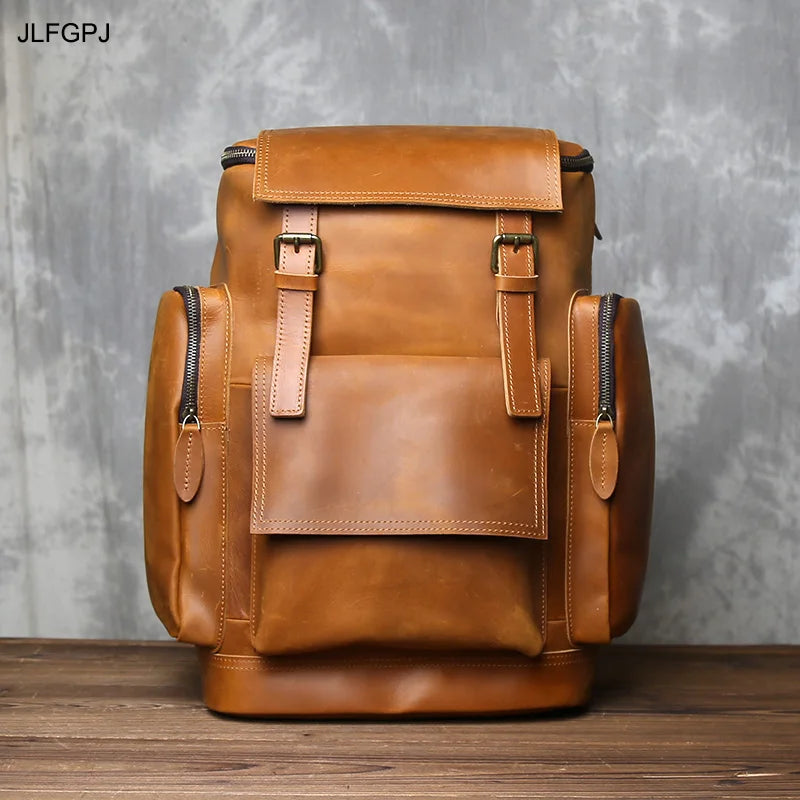 Men's Classic Retro Genuine Leather Multi functional Large Capacity Backpack