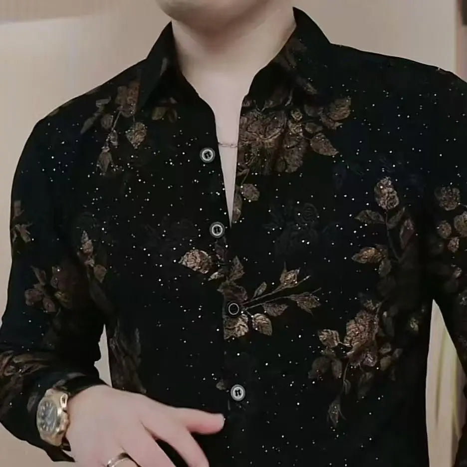 Men's Shirt with Long Sleeves Autumn and Winter Fashion Lapel Trendy Handsome Print Casual Slim Body