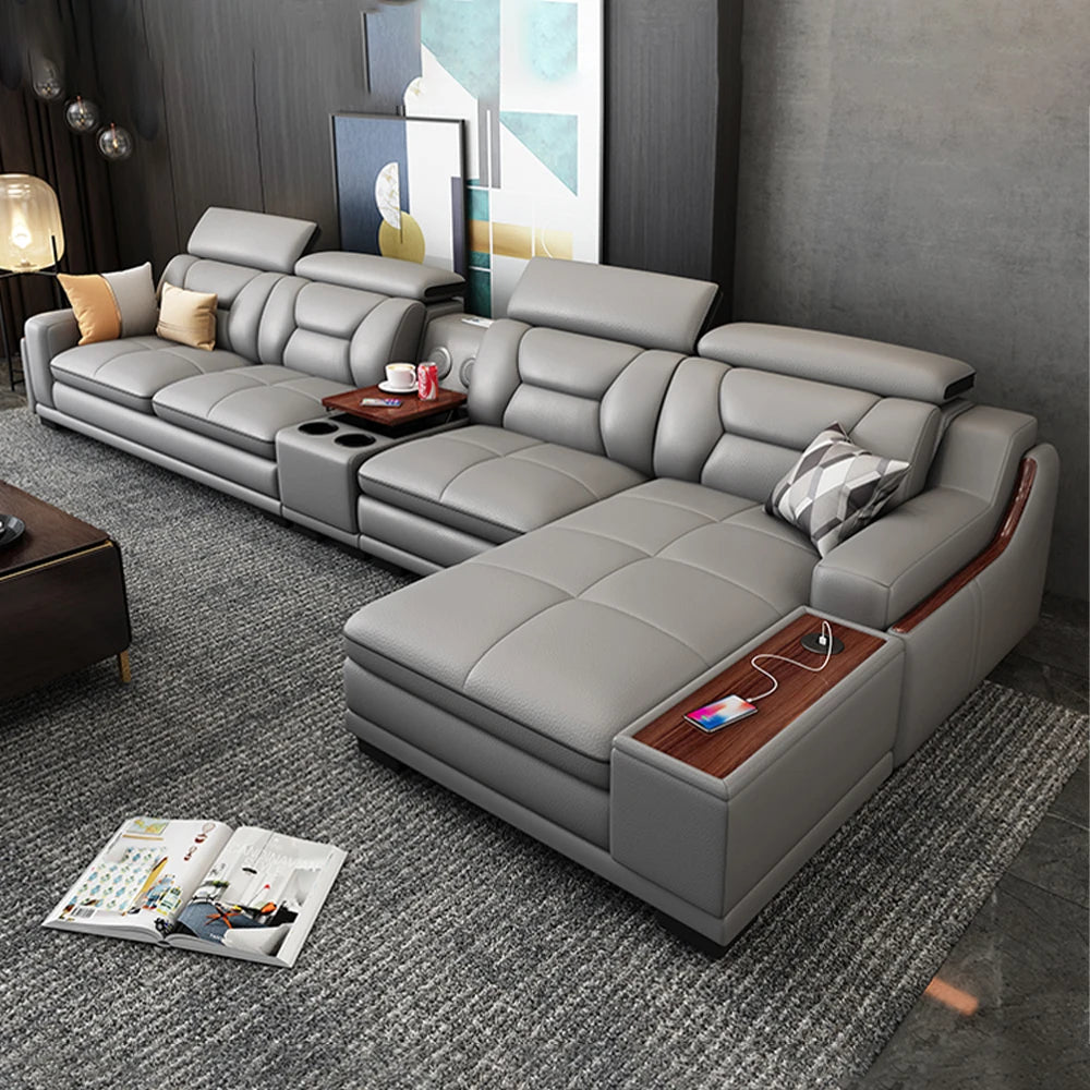 Italian Genuine Leather Sofa - Bluetooth Speaker, Adjustable Headrests and USB Charging