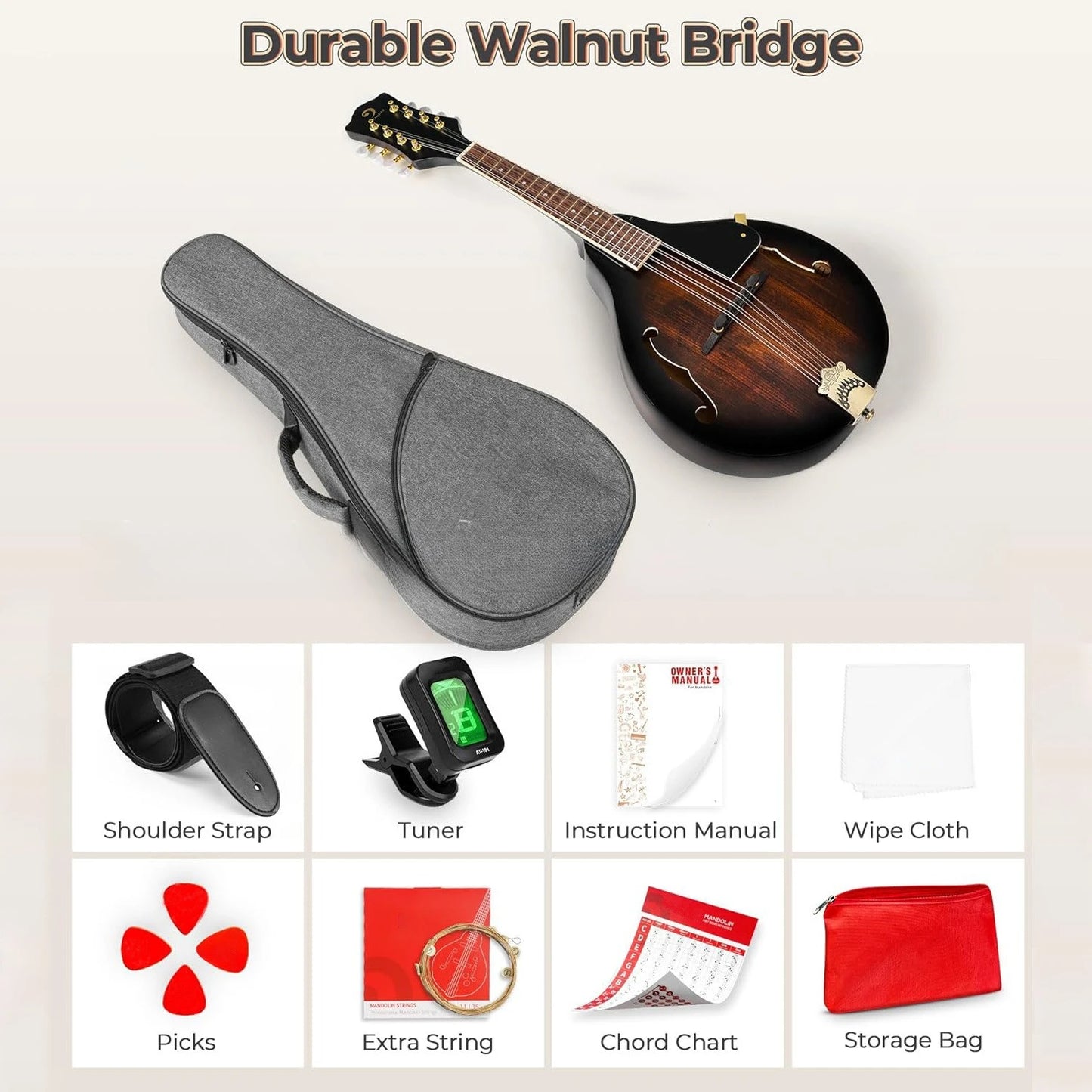 Solid Spruce Top Mandolin 8-String Instrument Suitable for Beginners Adults Acoustic