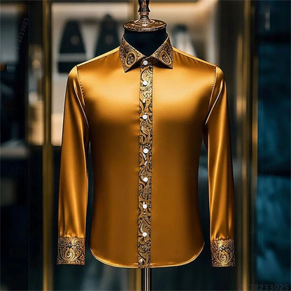 Men's Baroque Gold Pattern Slim Fit Dress Shirt - Sizes XS-6XL