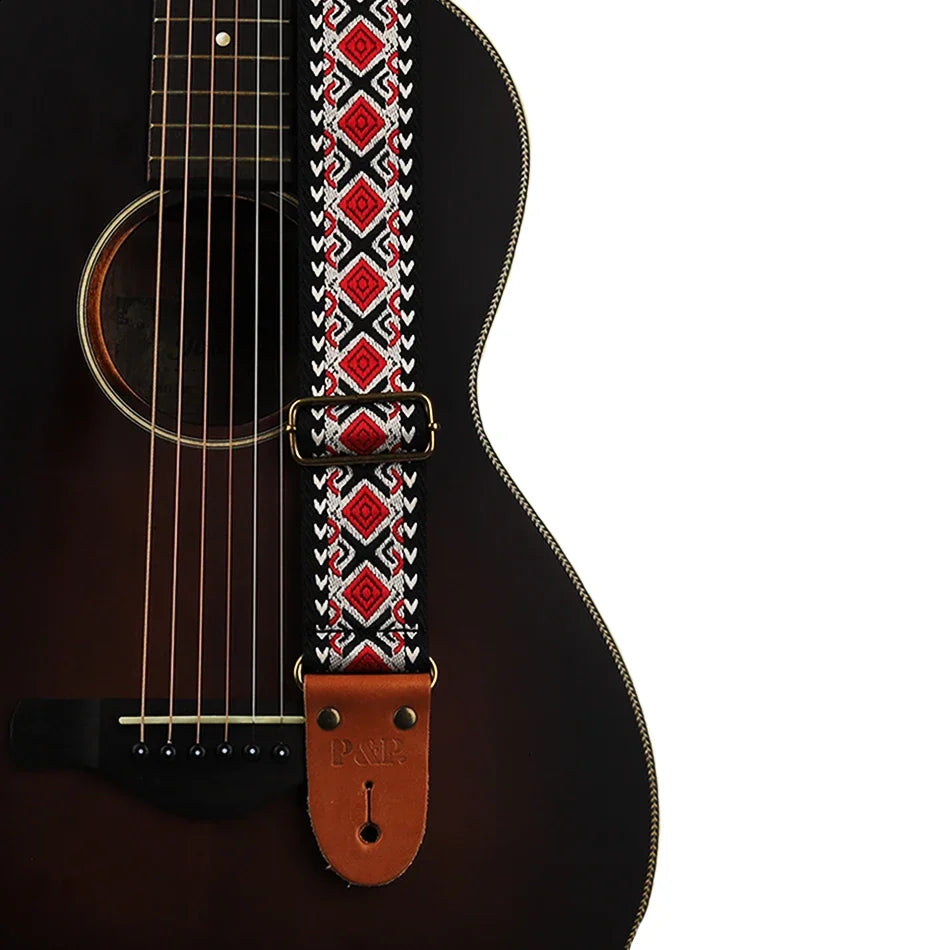 P&P Adjustable Embroidered Guitar Strap with Leather End